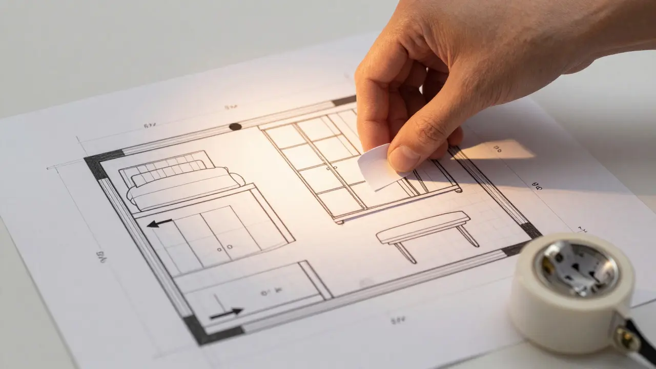 Ruka přesouvá papírové vystříhávky nábytku po plánu pokoje s označenými rozměry.