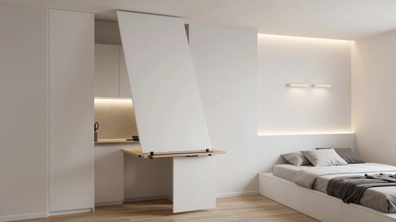 Skládací stěnový stůl a skrytá kuchyně s tlačítkovým otevíráním v moderním interiéru.