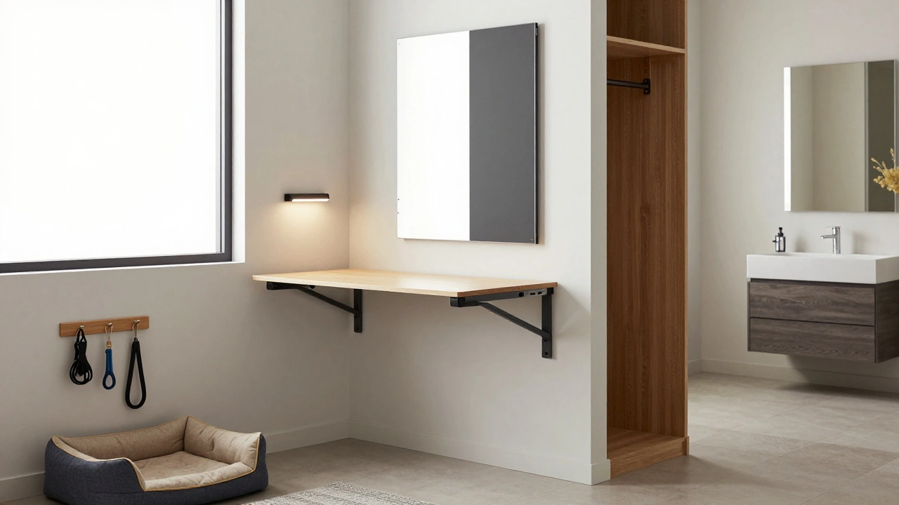 Skrytá skříň ve zdi, foldovatelný stůl a zrcadlo na celou stěnu v malé koupelně.