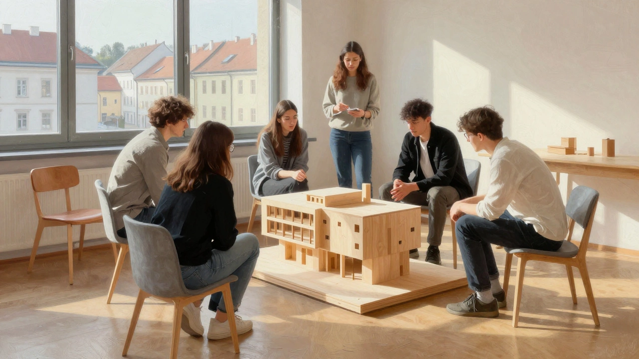 Studenti na VUT v Brně analyzují model Villi Tugendhat pod dohledem profesora v klidné studijní místnosti.