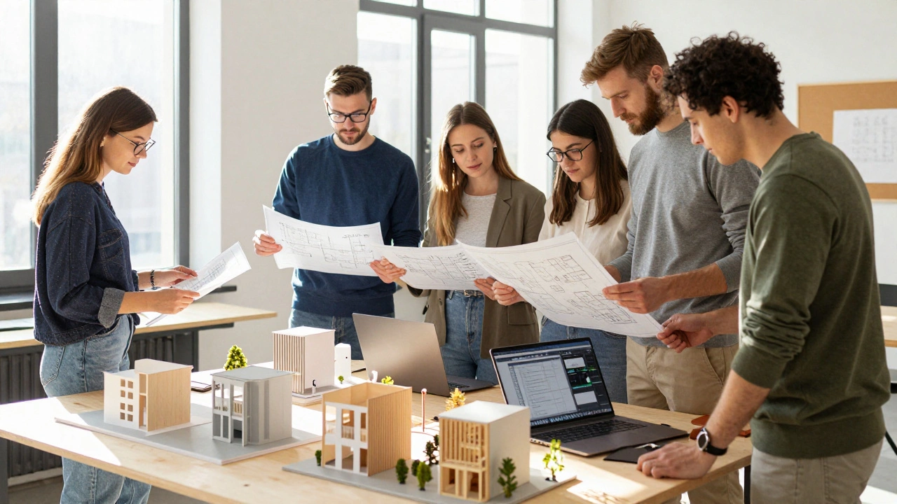 Studenti společně pracují na modelu přístupného bytu s technickými výkresy a materiály.