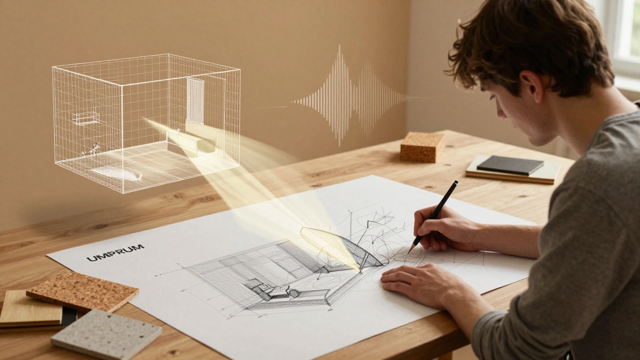 Studentka kreslí prostorovou kompozici v ateliéru UMPRUM, kolem ní plavou prvky designu a materiálů.