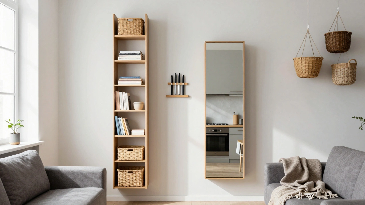 Svislé regály, zrcadlo se skříňkou a závěsné koše v malém bytě.