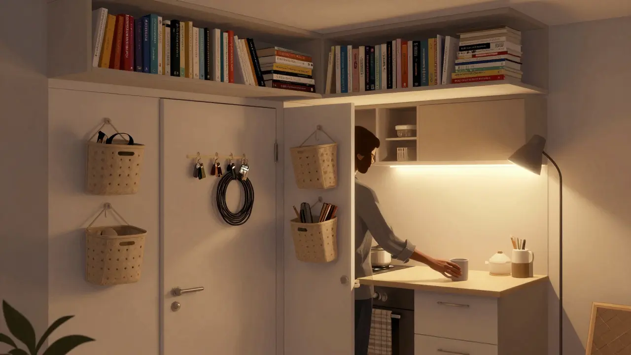 Svislé skladování na zdech, LED pásky a přehazovací kuchyňská plocha v malém bytě.