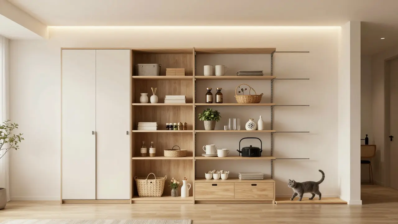 Systém skříní a police až ke stropu s kočkou na závěsné chodníkové dráze na zdi, světlé osvětlení.