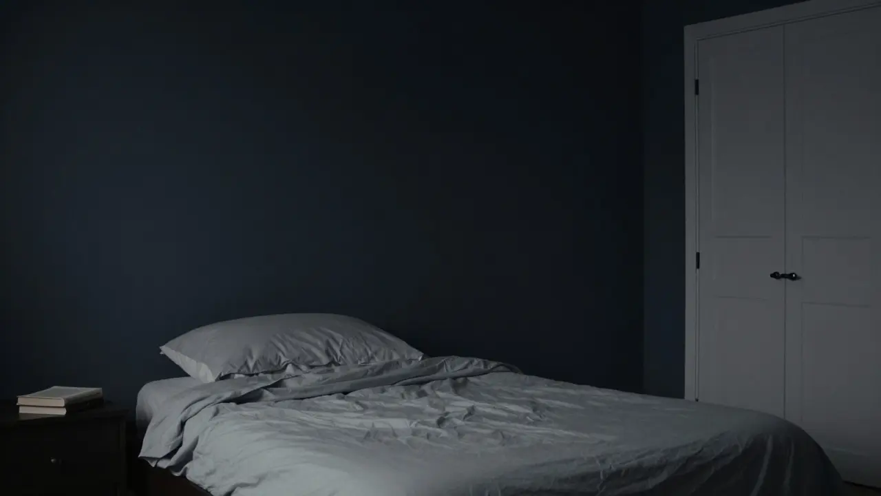 Tmavě modrá ložnice s prázdnými stěnami a jednou knihou na nočním stolku, introspekce a odtažitost.