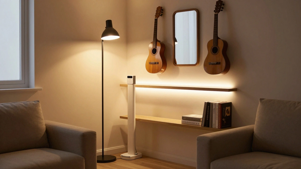 Večerní atmosféra v malém bytě s teplým osvětlením a zavěšeným hudebním nástrojem.