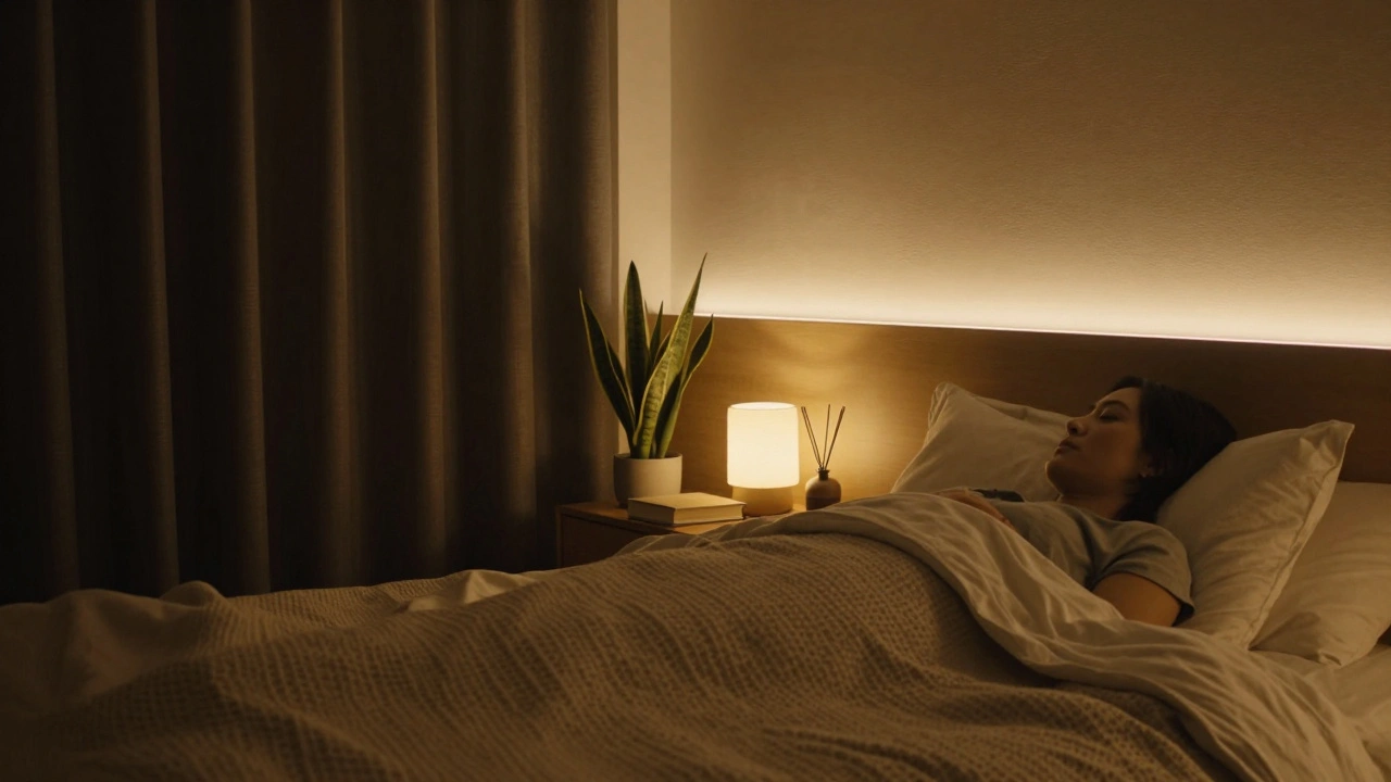 Večerní pokoj s vypnutým hlavním světlem, jen teplé lampy, difuzor a rostlina, osoba v klidu v posteli pod pokrývkou.