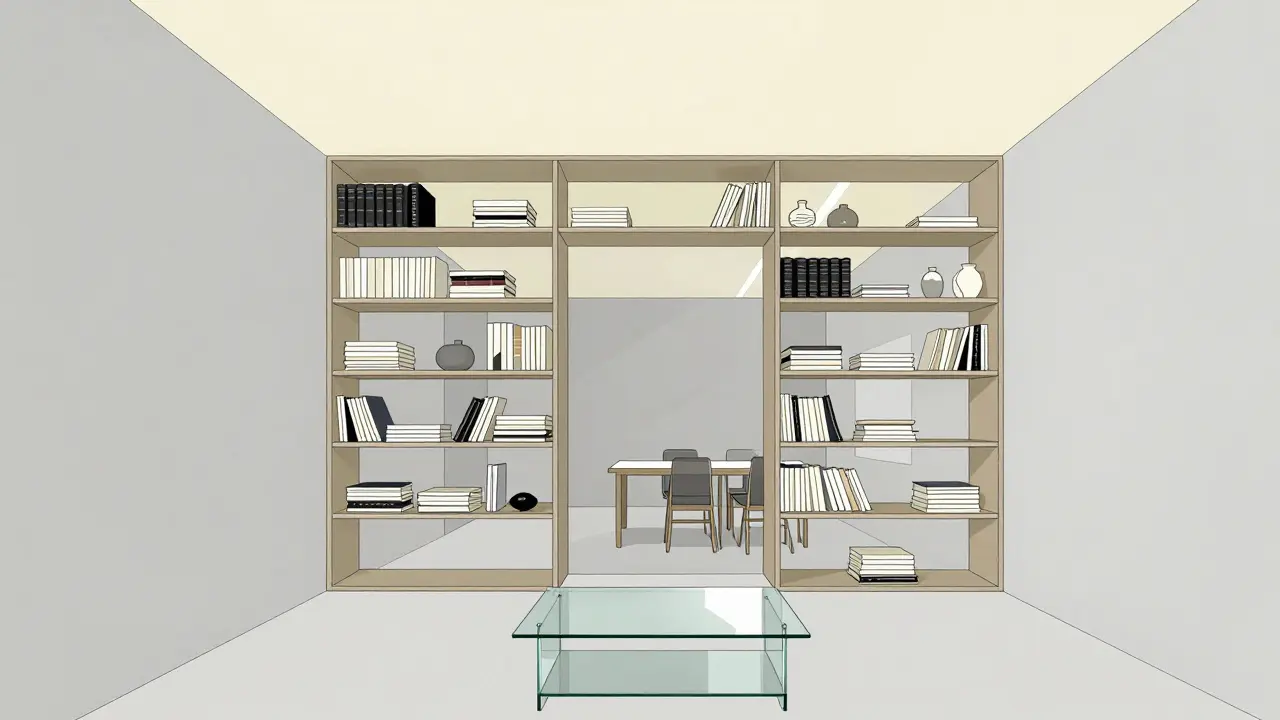 Vertikální regály až ke stropu a světlé stěny vytvářejí pocity prostornosti.