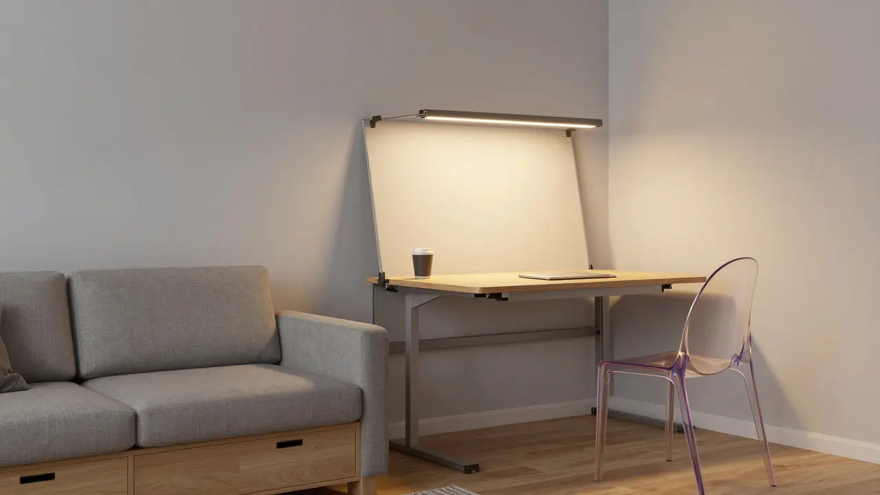 Vícefunkční nábytek: pohovka s výsuvnými šuplíky a sklopný stůl v malém bytě.