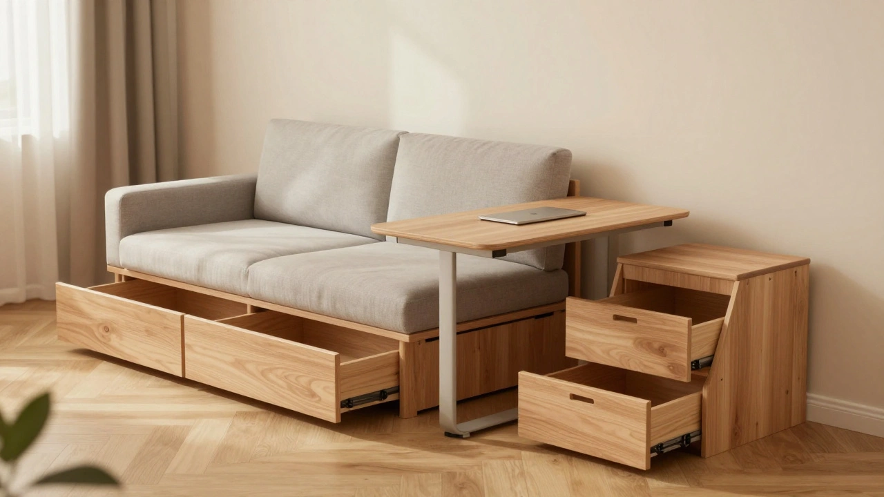 Víceúčelový nábytek: pohovka s podnoží, rozšiřitelný stůl a schody s uložením.