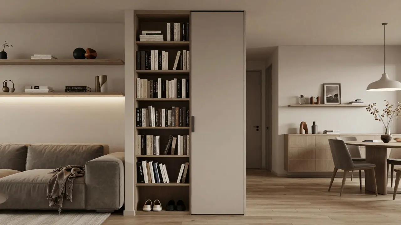 Životní prostor oddělený otevřeným regálem, s LED podsvícením a posuvnými dveřmi, v monochromatické paletě.