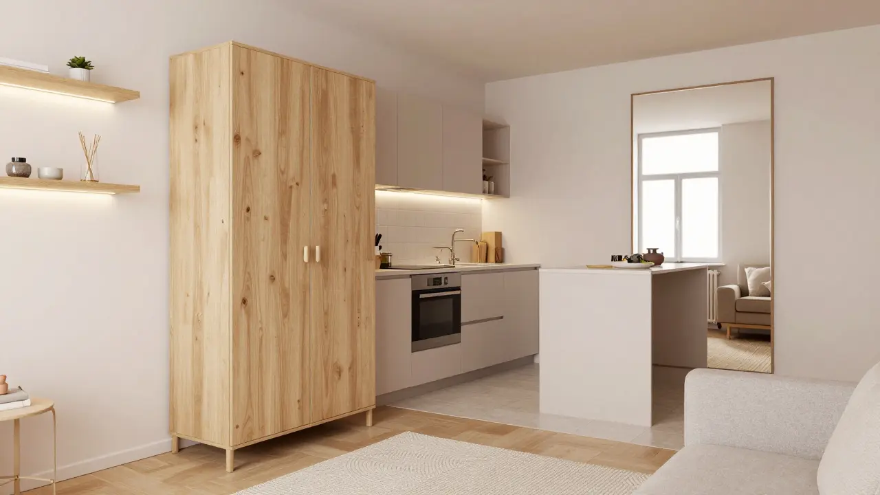 Zónování prostoru pomocí šatníku a zrcadla v malém bytě s jemným osvětlením.