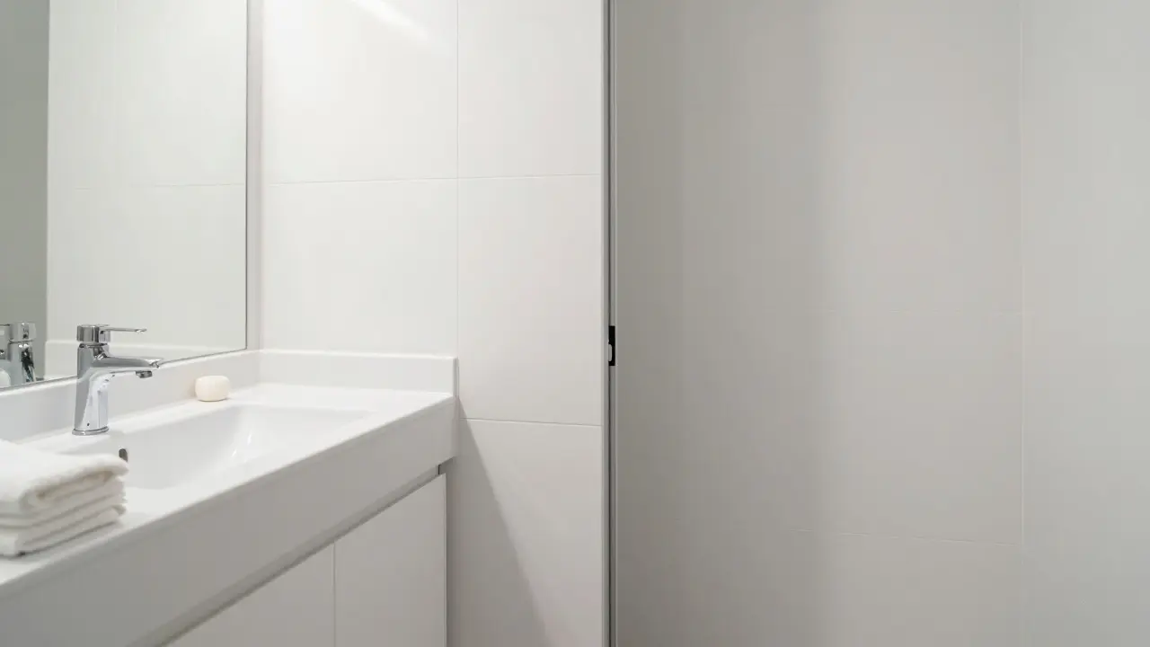 Zrcadlová stěna v koupelně a skleněný umyvadlo vytvářejí dojem většího prostoru.