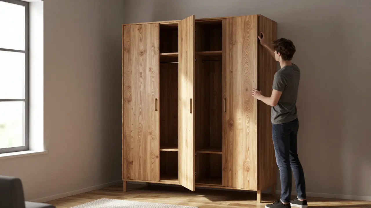 3D render šatníku v bytě s přirozeným osvětlením a texturou dřeva.