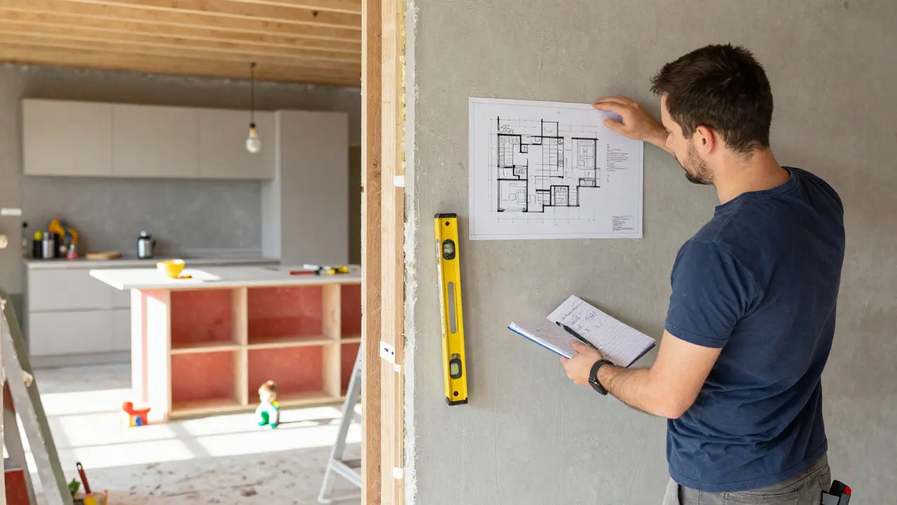 Architekt spolupracuje se zedníkem na stavbě, přesun stěny je vidět v pozadí, na podlaze leží hračka dítěte.