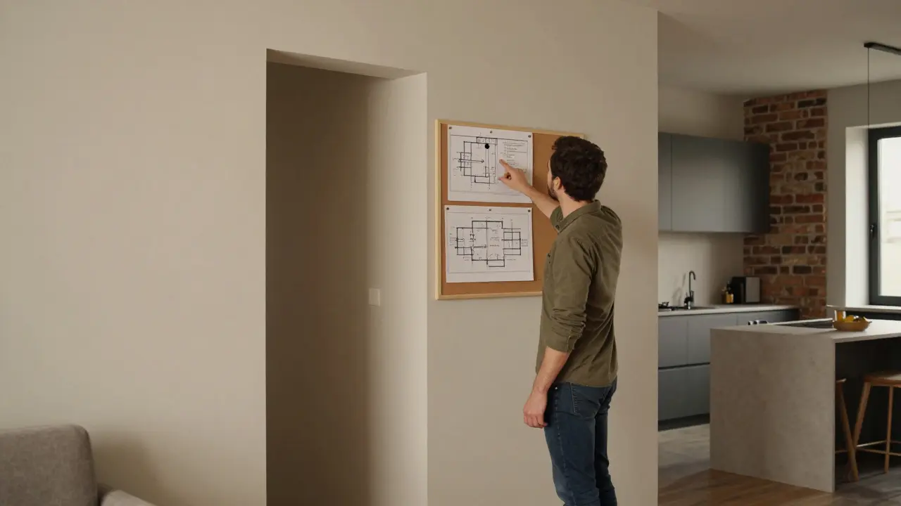Architekt ukazuje klientovi plán přestavby zdi v bytě