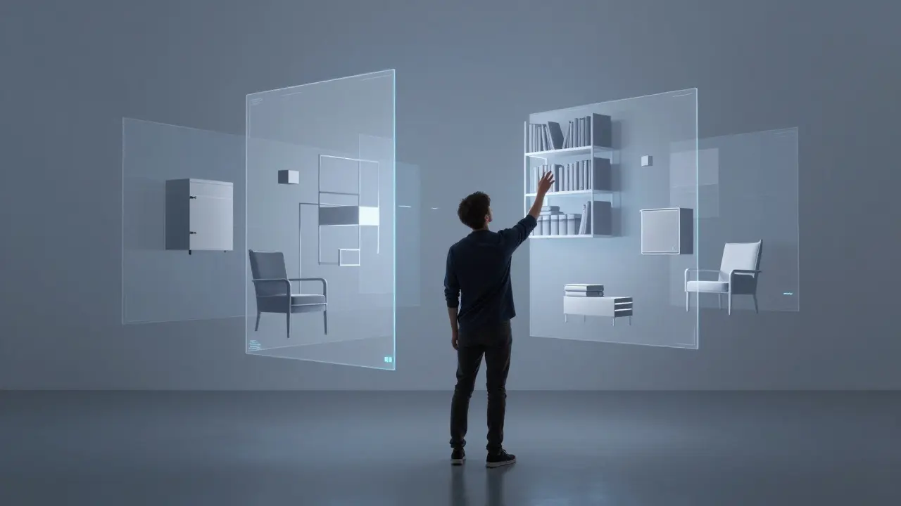 Člověk v prostoru s plavajícími 3D prvky nábytku a stěn, jako by je sestavoval.