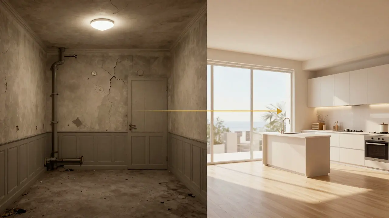 Dvě verze bytu 3+1: starý a rekonstruovaný, vedle sebe v porovnání.