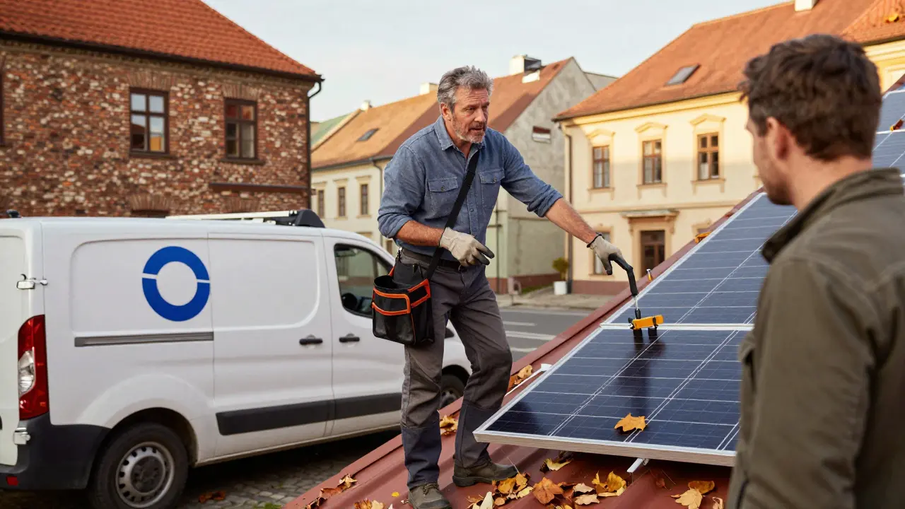 Elektrikář konzultuje instalaci solárních panelů s vlastníkem domu v Olomouci.