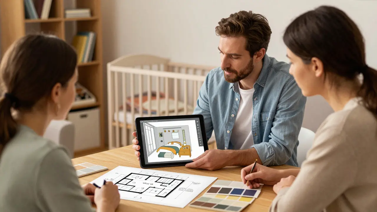 Interior designér konzultuje rodiče s 3D modelem dětského pokoje a materiálovými vzorky.