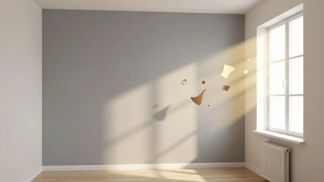 Jedna zdi v teplé šedé barvě kontrastuje s bledými stěnami v malém bytě.