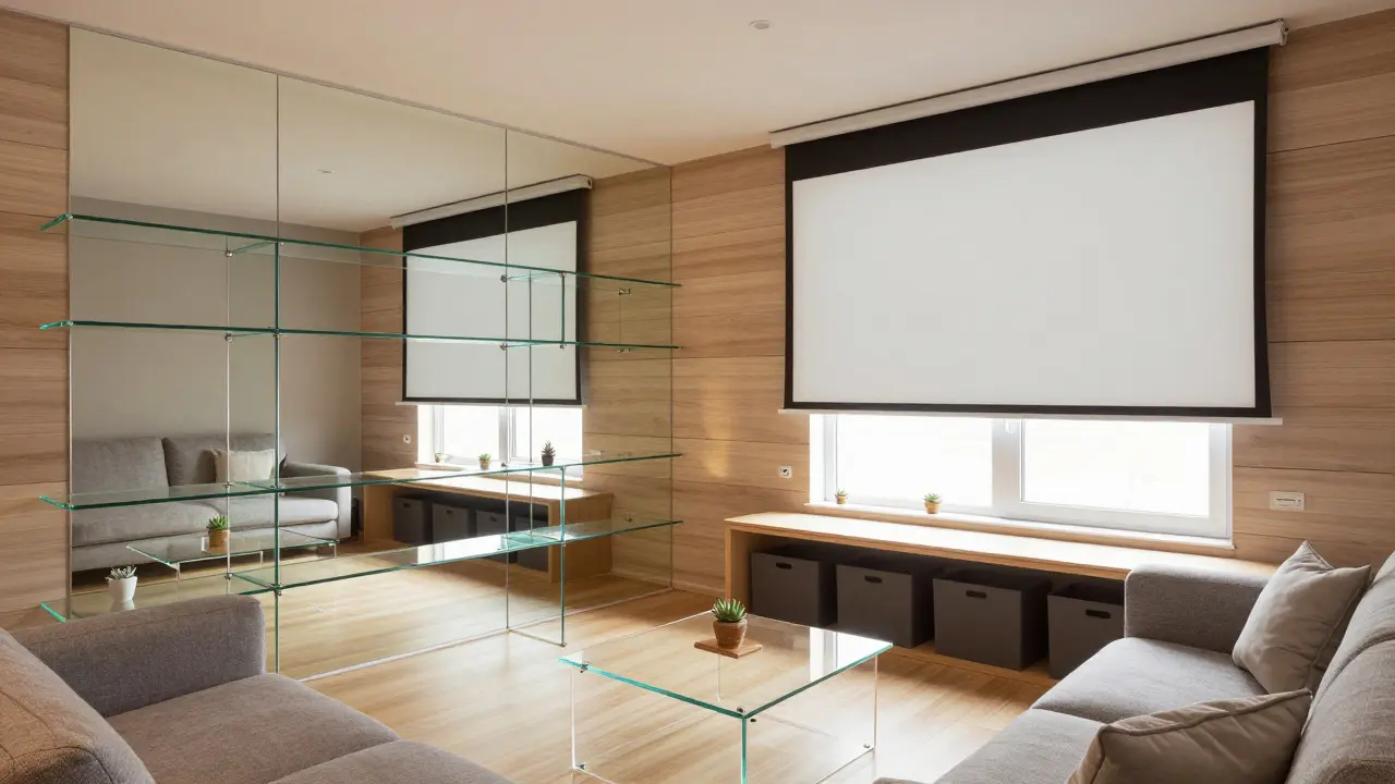 Konceptuální návrh malého obýváku s optickými iluzemi a skrytým televizním projektorom.