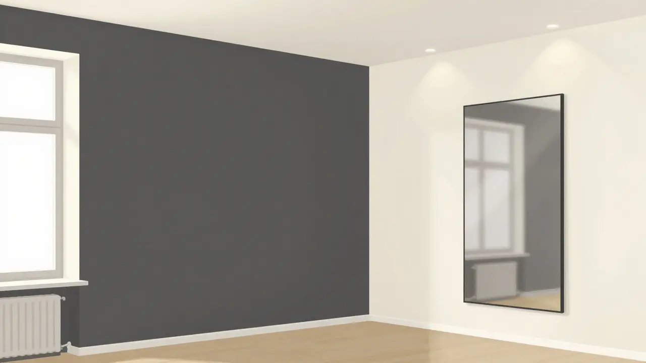 Kout bytu s jednou tmavou accentovou stěnou a zrcadlem, které zvětšuje prostor opticky.