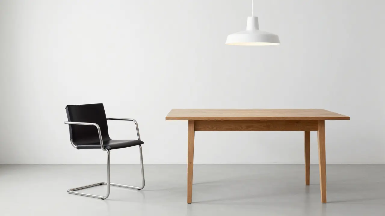 Minimální interiér ve stylu Bauhaus s kovovým křeslem, jednoduchým stolem a přístrojovou lampou.