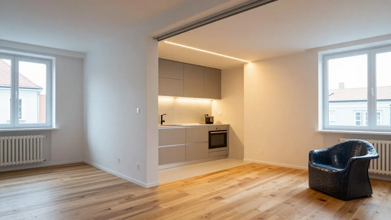 Moderní byt v Brně s recyklovaným dřevem, LED osvětlením a křeslem z recyklovaného plastu.