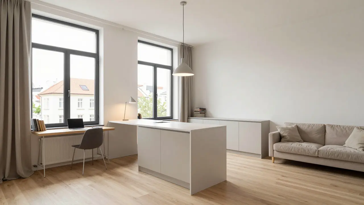 Moderní garsonka 32 m² s vysokými stropy, kuchyňským ostrovem a otevřeným plánem.