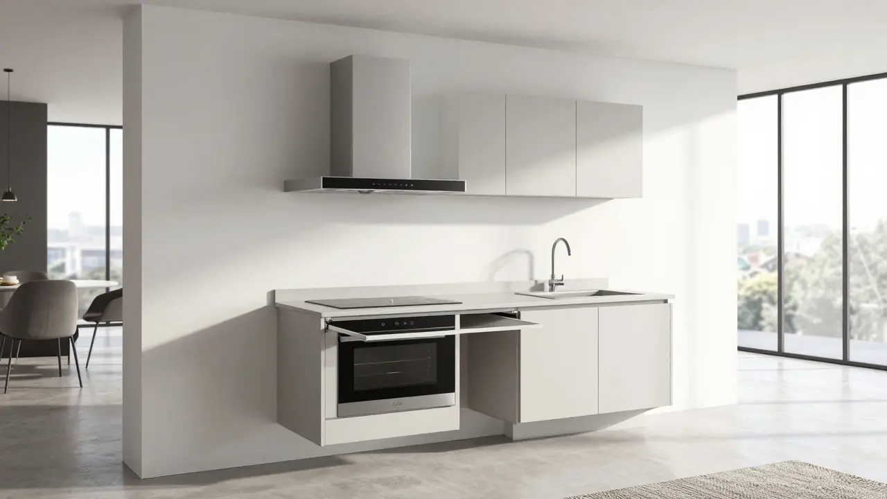 Moderní modulární kuchyňská stěna v otevřeném bytě s vývěrkou.