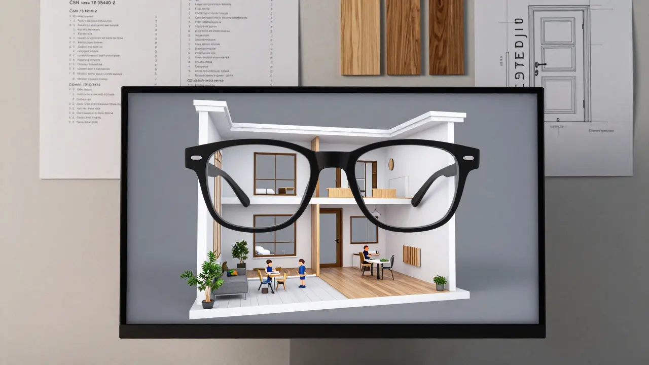 Na obrazovce se točí 3D model domu, kolem ní jsou vzorky materiálů a stavební normy z Česka.