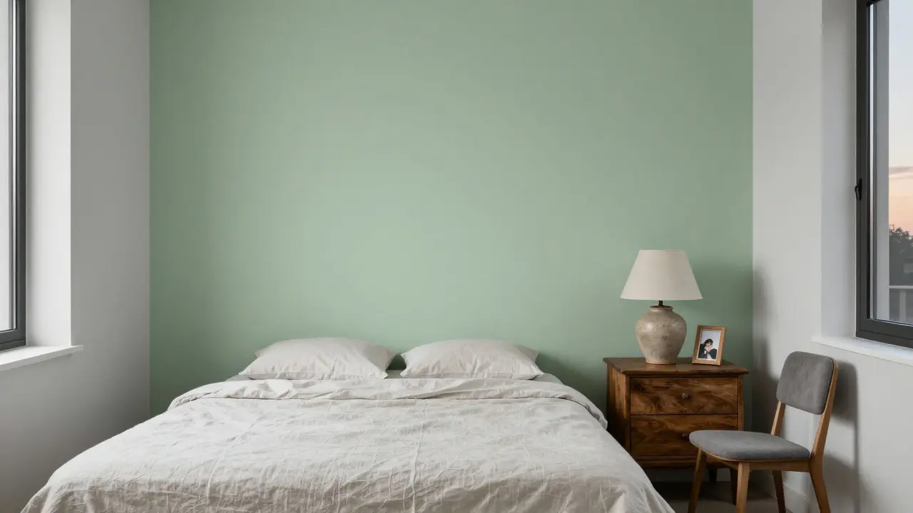 Pokoj s klidnou šedou stěnou a akcentem zelené barvy, bez šumu, s jedinou fotografií a přirozeným světlem.