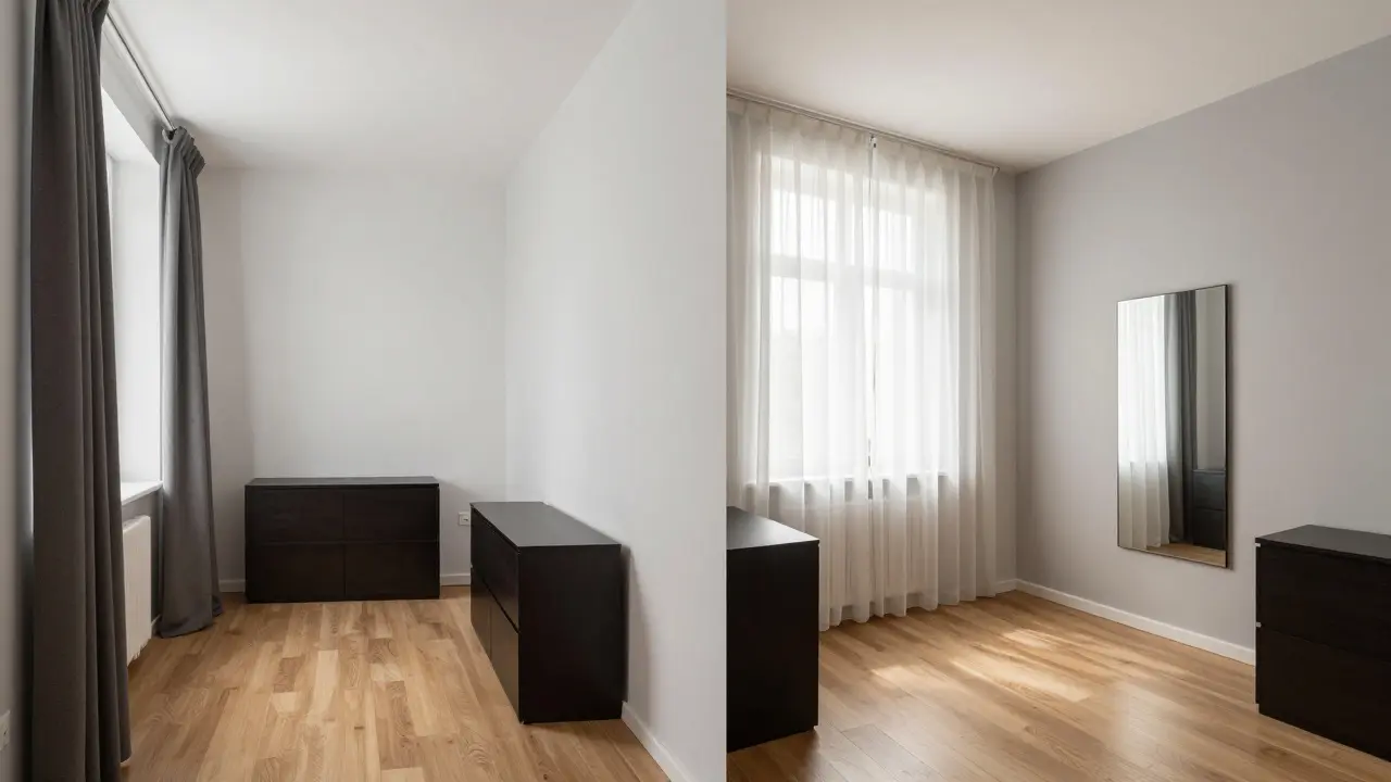 Porovnání malého bytu před a po přebarvení: zúžený prostor vs. otevřený prostor s lehkými barvami.