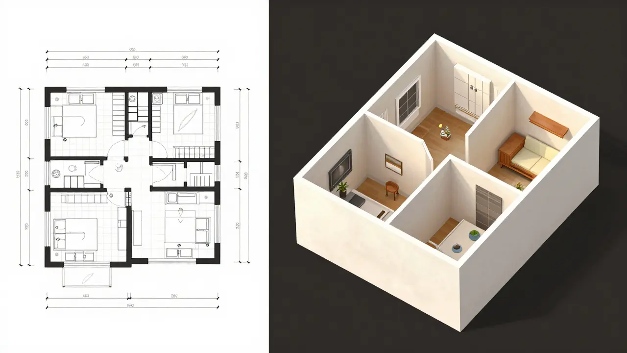 Porovnání rukou kresleného a digitálního plánku bytu na jedné scéně.