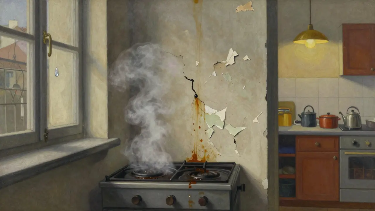 Prasklé a šupinující se barva na kuchyňské stěně s olejovými skvrnami a párou.