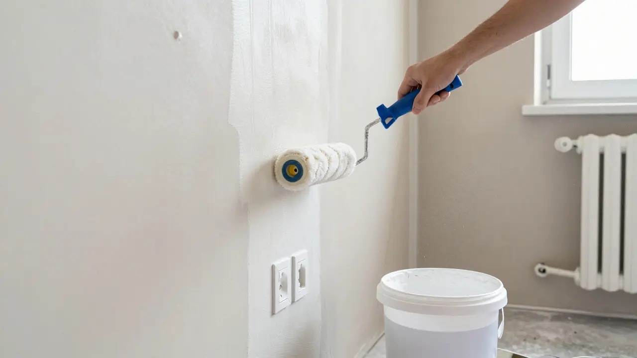 Příprava stěny na malování: škrábaná, připravená plocha s lepicí páskou a válcem.