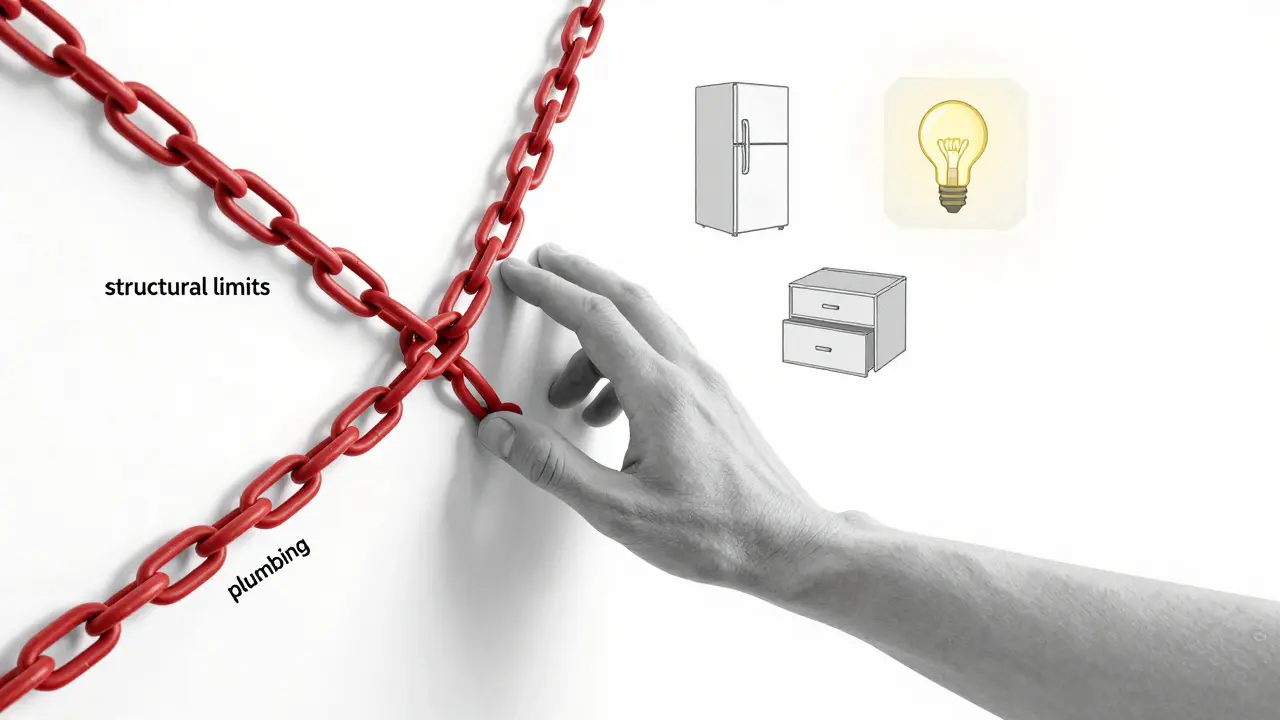 Ruka táhne zeď, ale je přidržována červenými řetězy označenými jako technická omezení, kolem ní se objevují ikony potřeb.