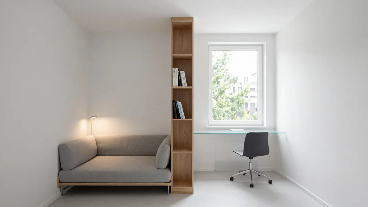 Skandinávský styl malého obýváku s rozdělením na zóny pomocí osvětlení a materiálů.