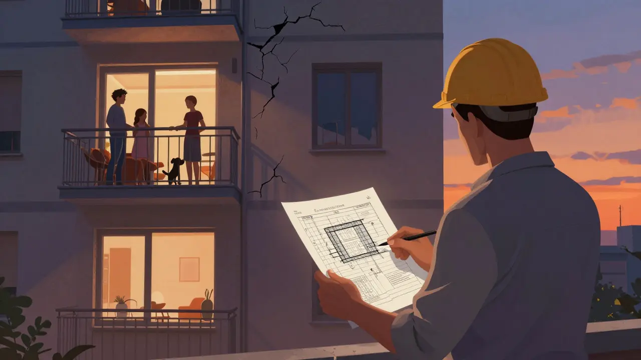 Statik sleduje přestavbu paneláku v soumraku, rodina pozoruje z balkonu.