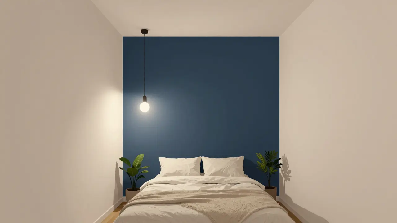 Tmavá akcentní stěna za lůžkem v malém pokoji, zvyšující hloubku prostoru bez zmenšování.