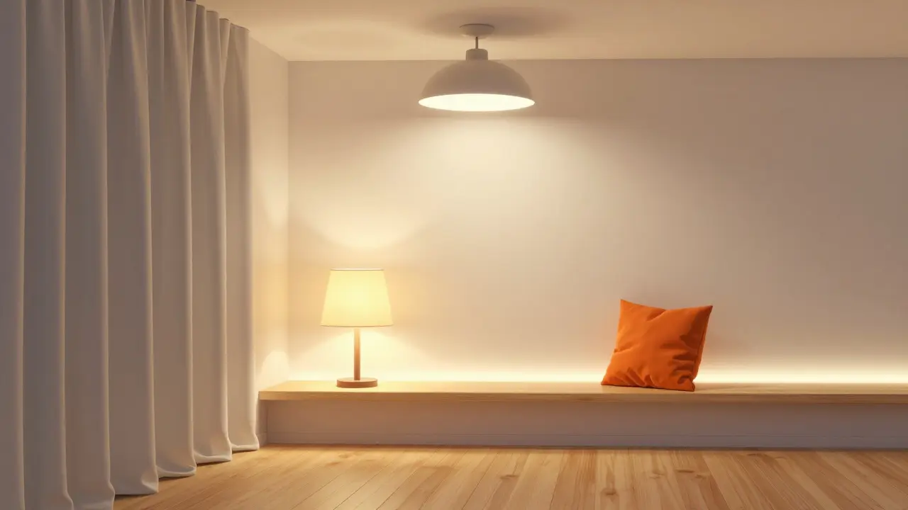 Třívrstvé osvětlení v obývacím pokoji: stropní lampa, stolní lampa a LED pásky vytvářejí pohodlnou atmosféru.