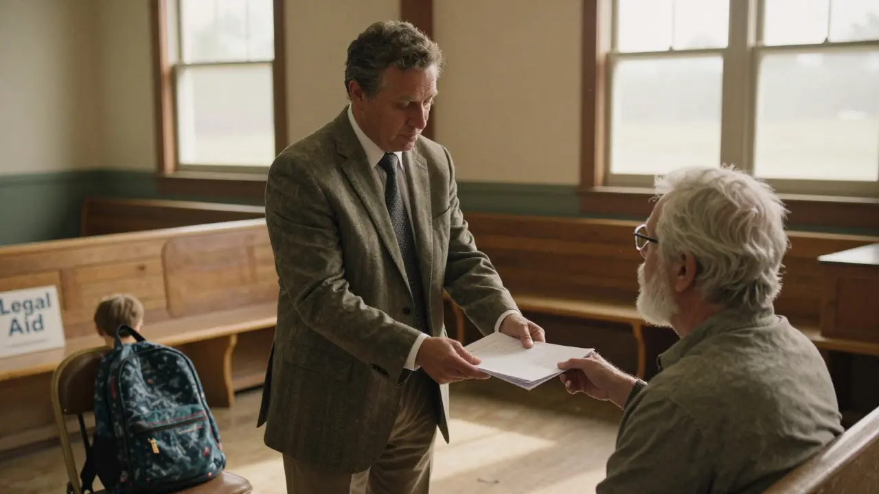 Veřejný obhájce v malém městě pomáhá klientovi v soudním sále s příjemným denním světlem.