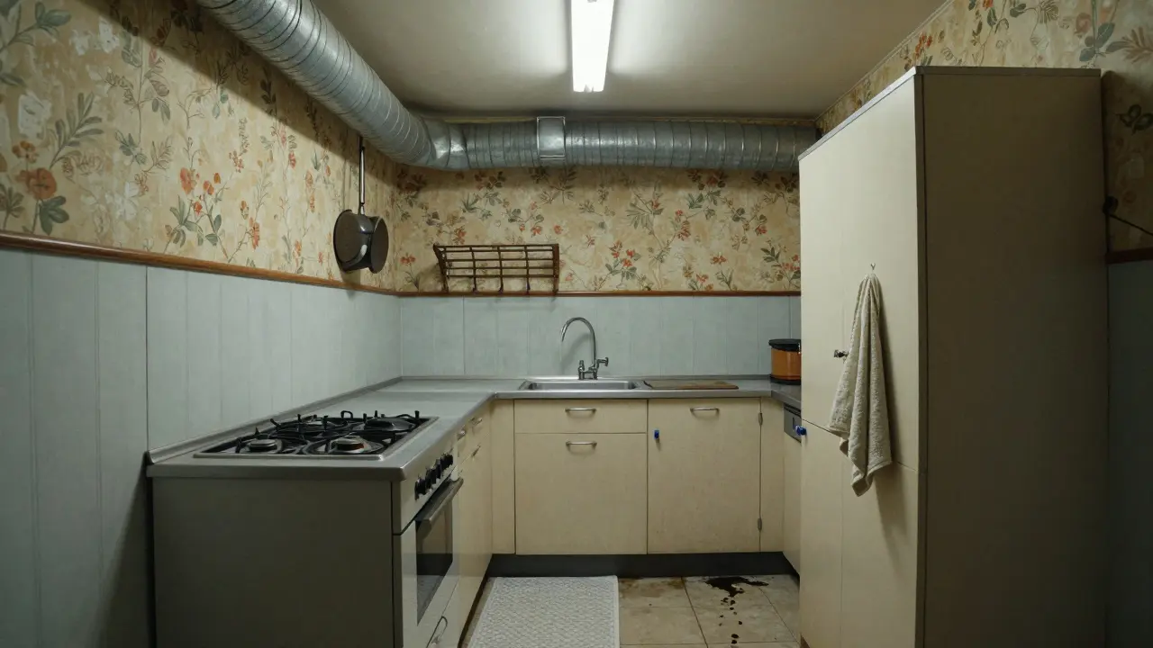 Vintage český panelový byt s kuchyňským koutkem z 70. let.