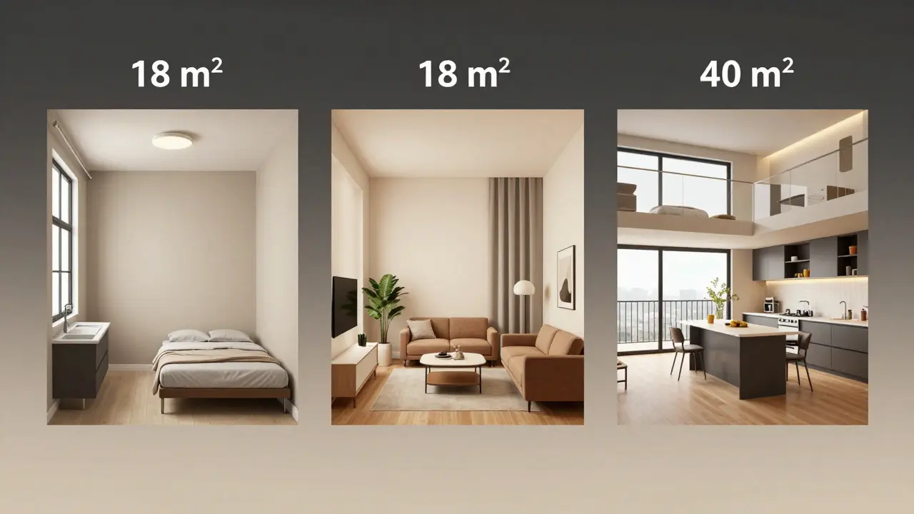 Vývoj garsonky od 18 m² do 40 m²: od těsného prostoru k prostornému bytu.