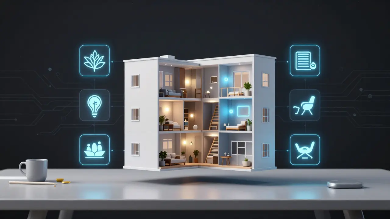 3D model malého bytu s ikonami ekologických materiálů a chytrého osvětlení, plavající nad pracovním stolem.