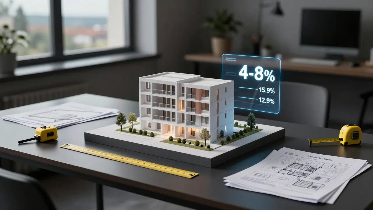 Architektův pracovní prostor s 3D holografickým modelem bytu a technickými dokumenty, symbolizující složitost a náklady rekonstrukce.