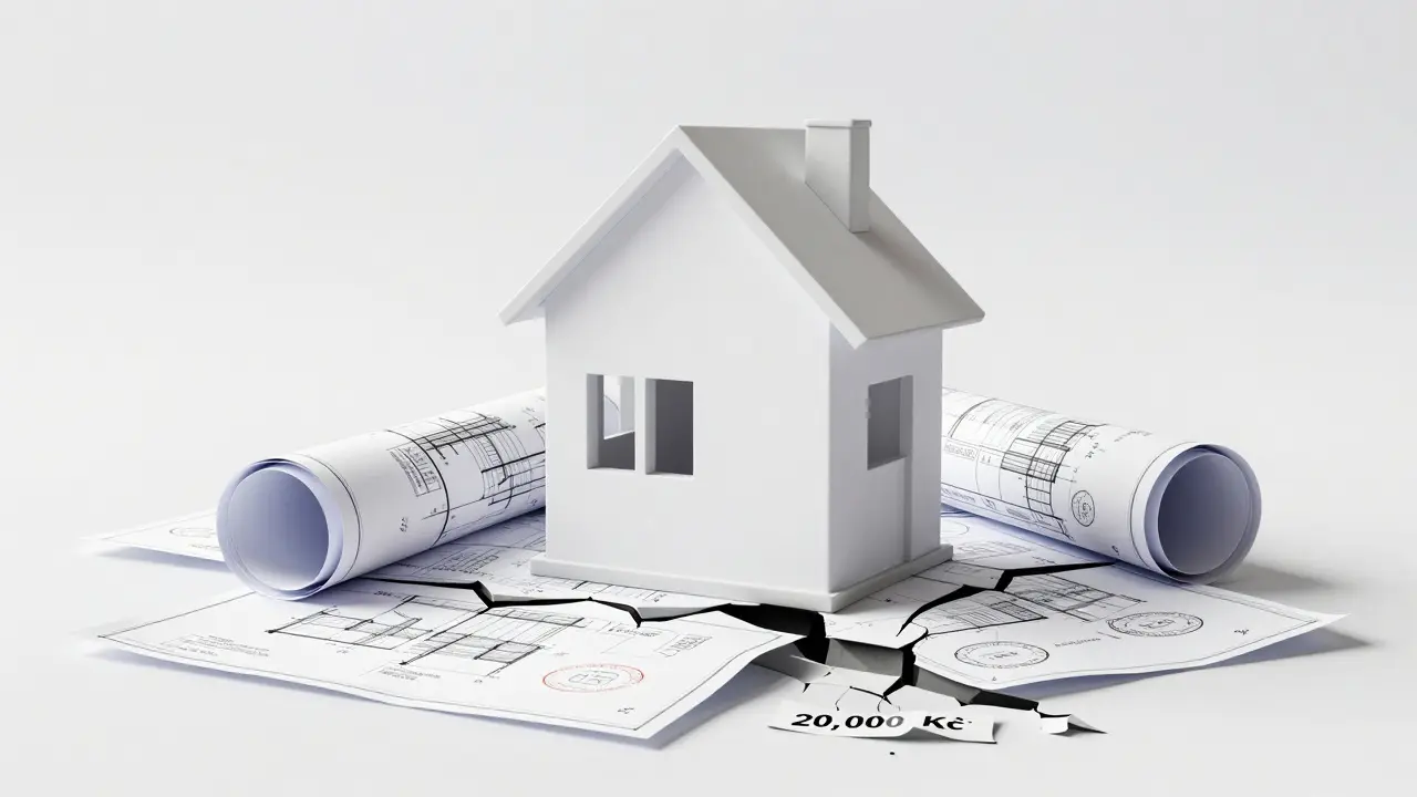 Dům postavený na pevných stavebních plánech, zatímco levný projekt padá do prachu.