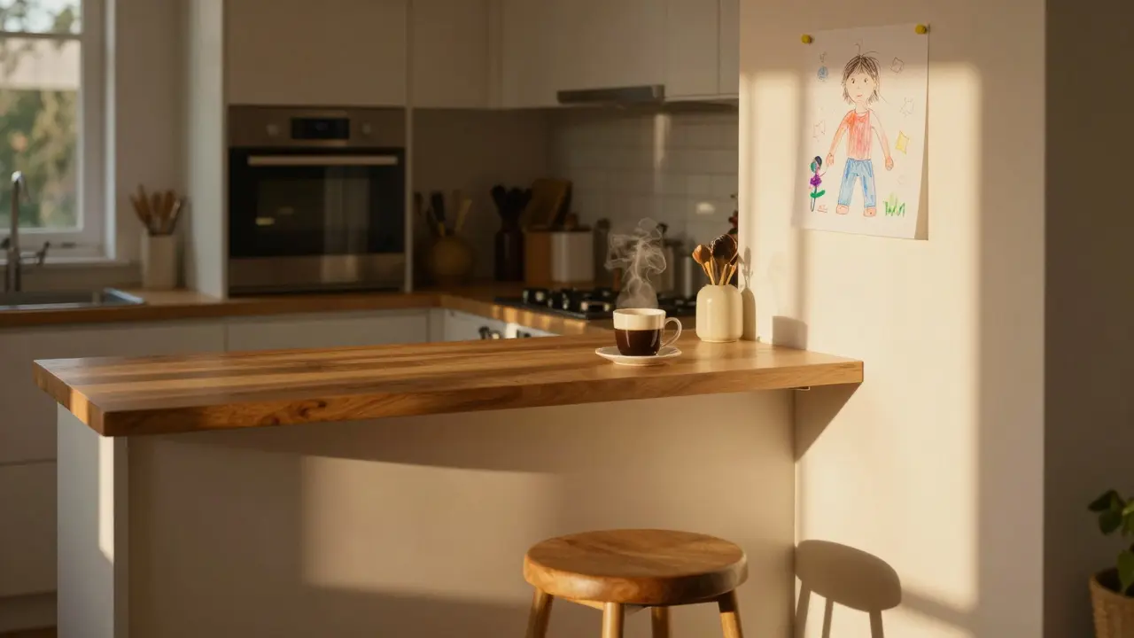 Empty stool at a wooden kitchen counter with coffee and a child’s drawing, evoking quiet home life.